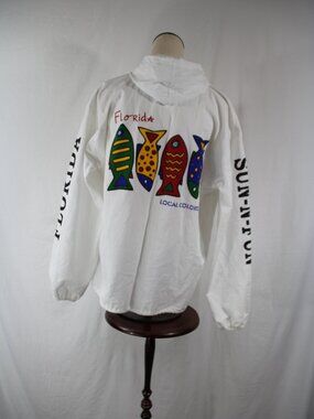 Vintage Cottonseed Jacket Adult Medium White Florida Local Colors Fish Hooded